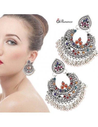 Pendientes Flamenca de Aro Plateado - Diseño de Diamante de Imitación y Flecos de Bolitas