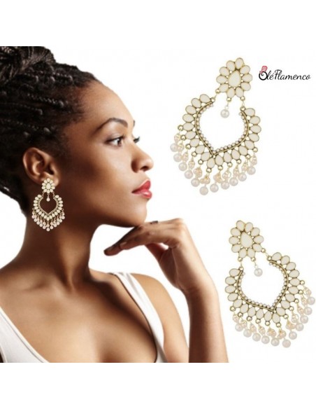 Pendientes Flamenca Aros con Lágrimas - Lacado Blanco Roto con Piedra y Flecos de Perlas