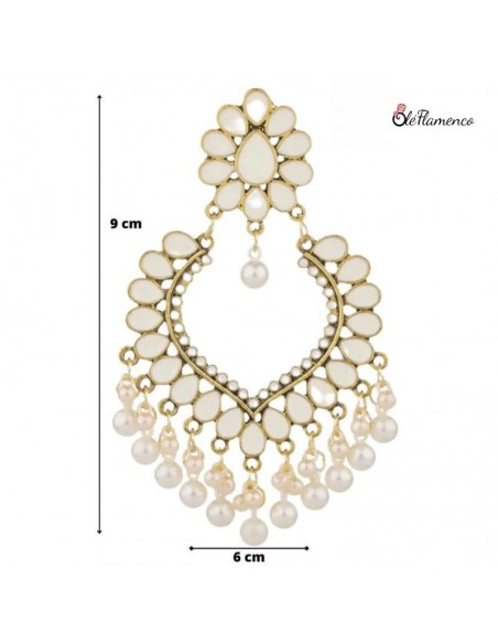 Pendientes Flamenca Aros con Lágrimas - Lacado Blanco Roto con Piedra y Flecos de Perlas