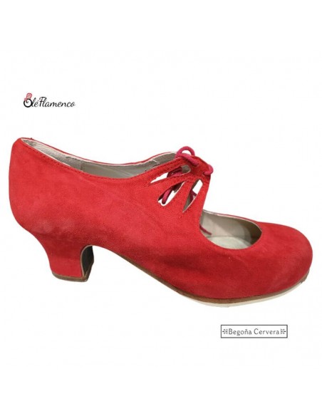 Zapato de Baile Flamenco Profesional de Begoña Cervera - Ante Rojo con Adorno de Hojas