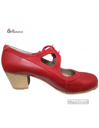 Zapato de Baile Flamenco Profesional de Begoña Cervera - Piel Roja con Adorno en Ante Rojo