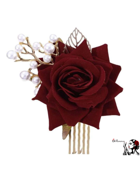Peineta Flamenca Rojo Oscuro con Flor de Tela y Perlas