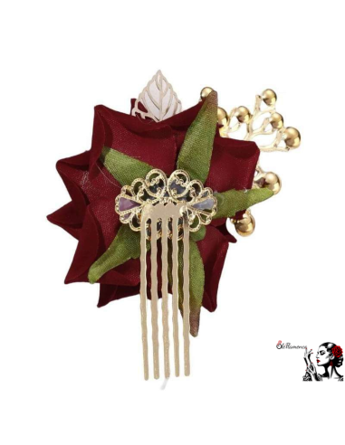 Peineta Flamenca Rojo Oscuro con Flor de Tela y...