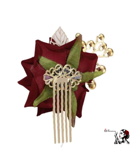Peineta Flamenca Rojo Oscuro con Flor de Tela y Perlas