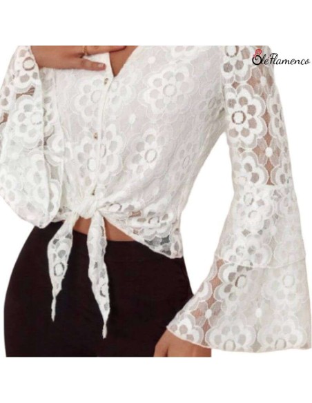 Blusa mujer flamenca de encaje con doble volante en mangas