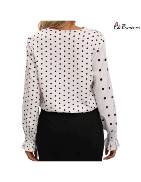 Blusa Flamenca de Lunares Cruzada sin Botones con Mangas Largas y Volantes