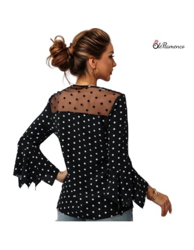Blusa Negra con Lunares y Volantes en pico