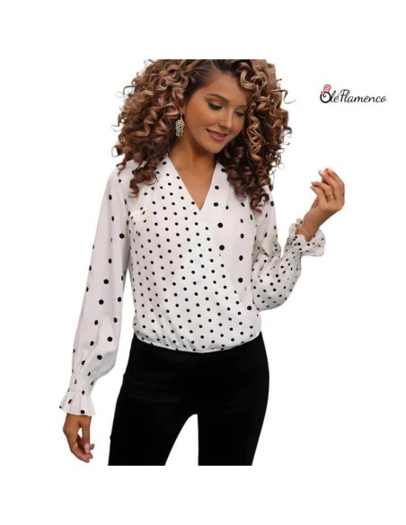 Blusa Flamenca de Lunares Cruzada sin Botones con Mangas Largas y Volantes