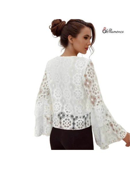 Blusa mujer flamenca de encaje con doble volante en mangas