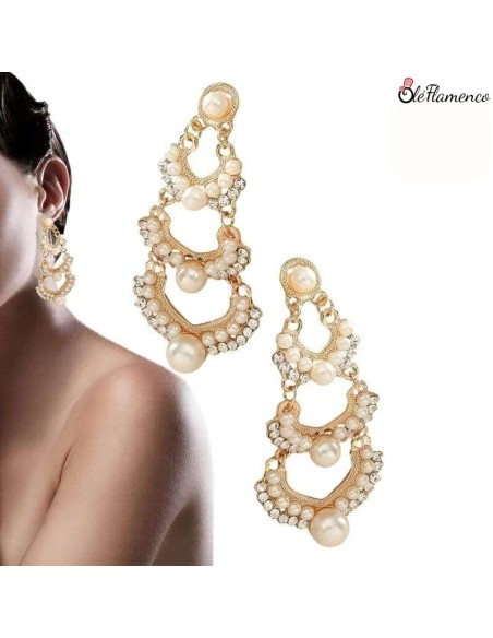 Pendientes de flamenca Tres aros perlas con dorado
