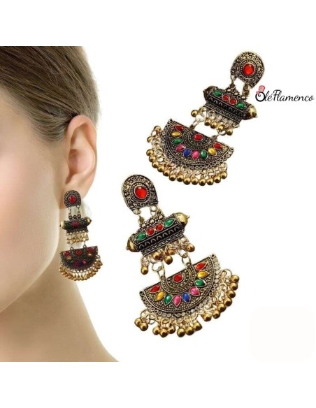 Pendientes de flamenca Con abanico y flecos de bolitas