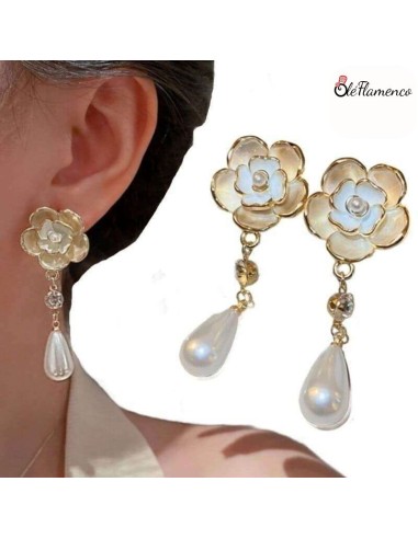 Pendientes de flamenca Flor con lagrima de perla
