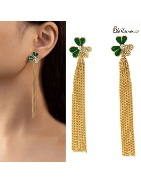 Pendientes de flamenca Trébol con flecos dorados
