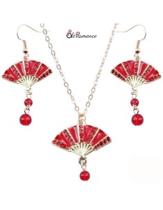 Pendientes de Flamenca abanico rojo con cadena y colgante...