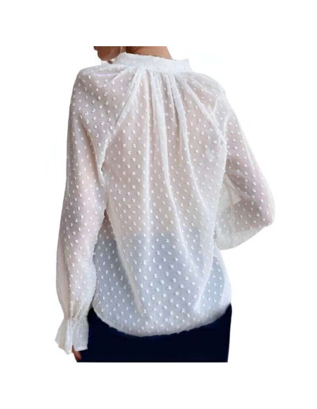 Blusa de Mujer con topos- Cuello en Pico y Transparencia en espalda-