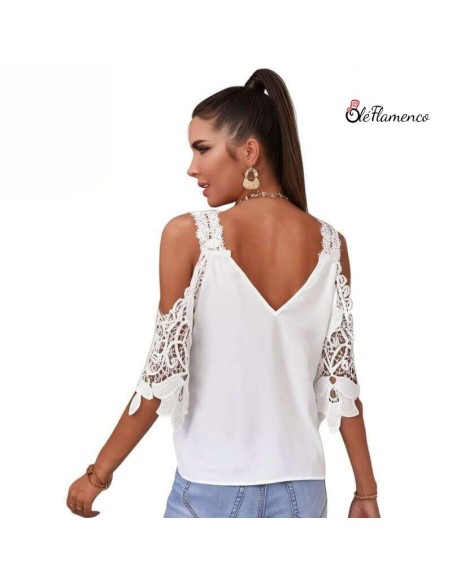 Blusa de Mujer Blanco con Encaje en Contraste y Escote Pronunciado