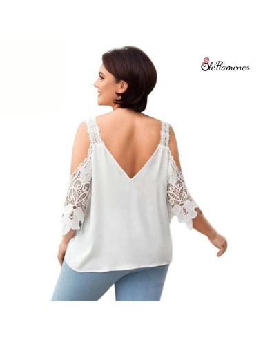 Blusa de Mujer Blanco con Encaje en Contraste y...
