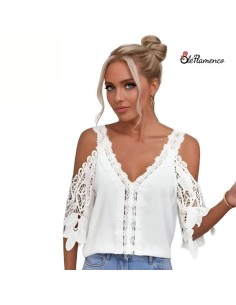 Blusa de Mujer Blanco con Encaje en Contraste y Escote...