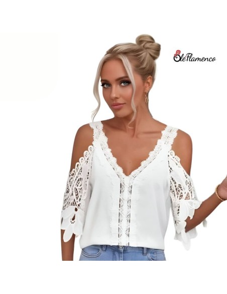 Blusa de Mujer Blanco con Encaje en Contraste y Escote Pronunciado