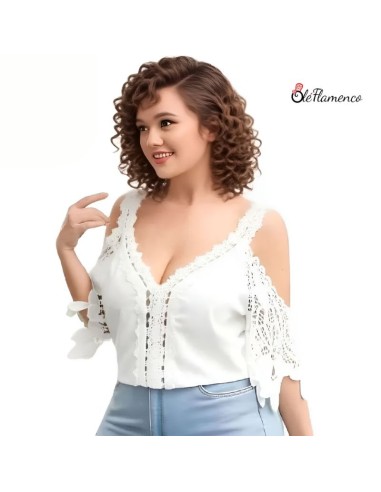 Blusa de Mujer Blanco con Encaje en Contraste y...