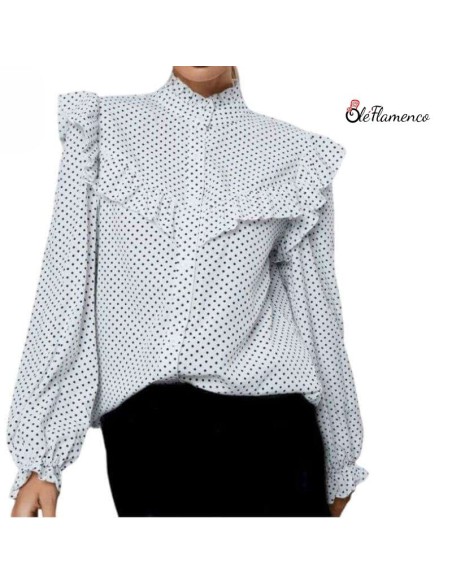 Blusa de Mujer con Canesú de Lunares y Volantes, Mangas Largas con Volante en los Puños