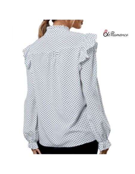 Blusa de Mujer con Canesú de Lunares y Volantes, Mangas Largas con Volante en los Puños