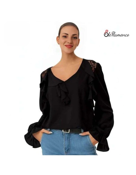 Blusa de Mujer con Volantes y Encaje en negro