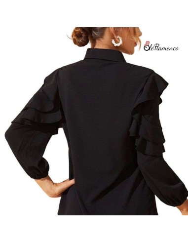 Blusa Negra con Volantes y Pasamanería
