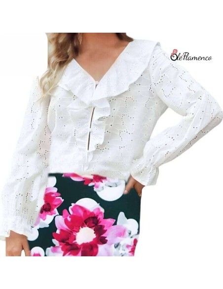 Blusa de Mujer con Volantes y Chorrera Tejido Brocado