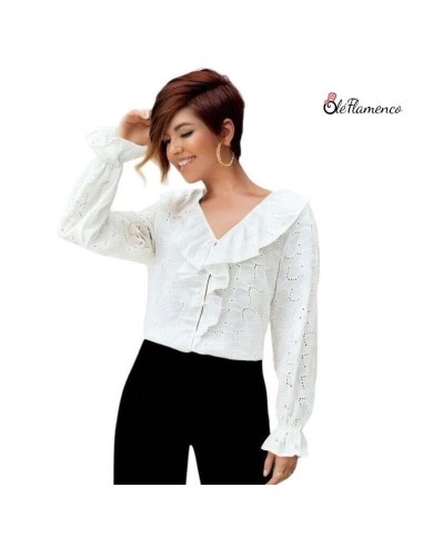Blusa de Mujer con Volantes y Chorrera Tejido...
