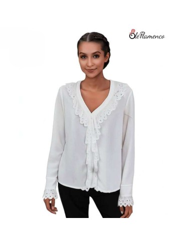 Blusa mujer con tira bordada en chorrera y puños