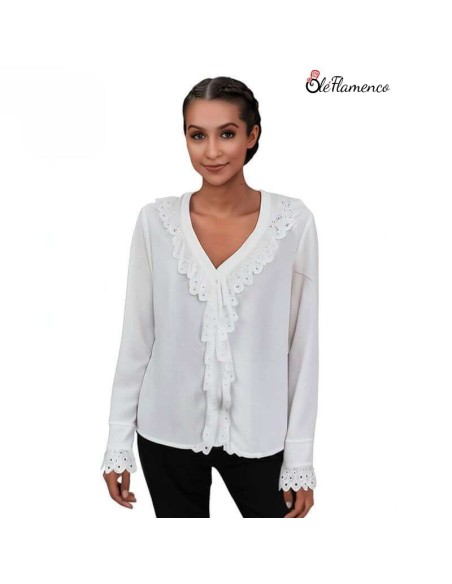 Blusa mujer con tira bordada en chorrera y puños