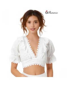 Blusa crop blanca bordado inglés con volantes y escote en...