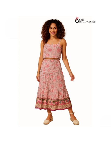 Conjunto de dos piezas floral para romería Rosa