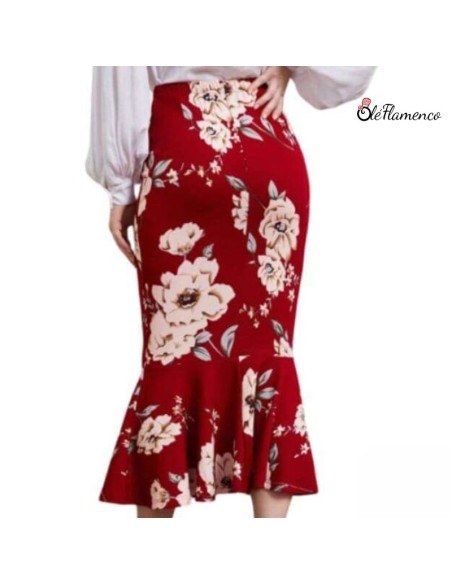 Falda Sirena Flamenca Floral en Tejido Elástico Ligero