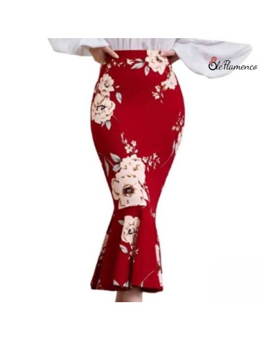 Falda Sirena Flamenca Floral en Tejido Elástico...