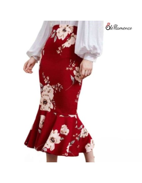 Falda Sirena Flamenca Floral en Tejido Elástico Ligero