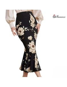 Falda Sirena Flamenca Floral en Tejido Elástico...