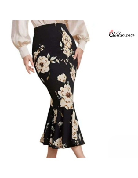 Falda Sirena Flamenca Floral en Tejido Elástico Ligero-Negro-
