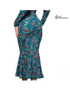 Falda Sirena Flamenca Floral en Tejido Elástico...