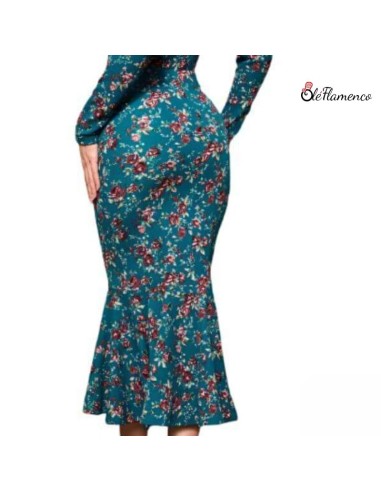 Falda Sirena Flamenca Floral en Tejido Elástico...