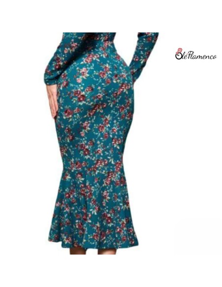 Falda Sirena Flamenca Floral en Tejido Elástico Ligero-Verde-