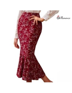 Falda Sirena Flamenca Floral en Tejido Elástico...