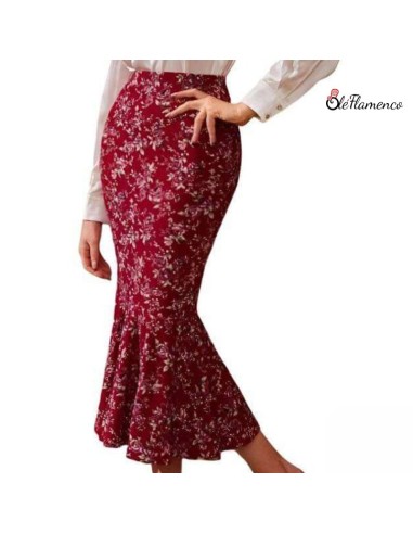 Falda Sirena Flamenca Floral en Tejido Elástico...