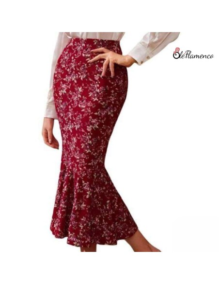Falda Sirena Flamenca Floral en Tejido Elástico Ligero-Borgoña-