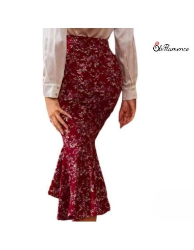 Falda Sirena Flamenca Floral en Tejido Elástico...