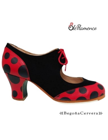 Zapato profesional de baile flamenco Begoña Cervera modelo Cordonería en ante y lunares rojo y  negro.