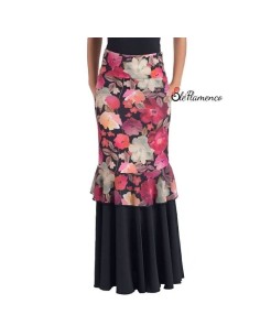 Falda de baile flamenco entallada en licra estampada de flores con doble volante