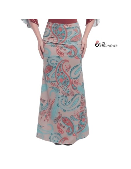 Falda de baile flamenco en punto de seda estampado con vuelo de 3,19 metros