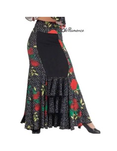 Falda de baile flamenco con estampado de flores y volantes de lunares en palas